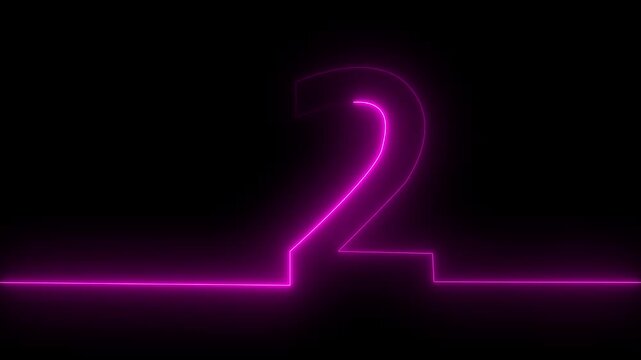 Neon pink glowing number two countdown animation on black background