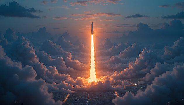Rocket launching into cloudy sky, flames and smoke