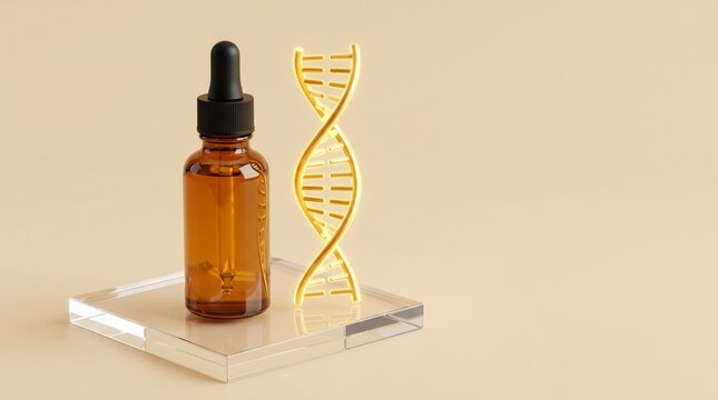 Amber glass dropper bottle with laboratory serum resting on clean transparent acrylic base next to stylized glowing golden 3D DNA strand model isolated on solid light sand colored surface background
