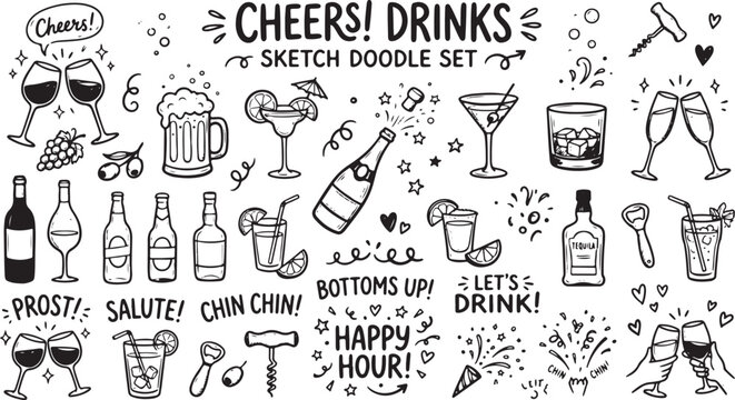 Hand drawn cheers drinks sketch doodle set, black and white alcohol beverage icons, cocktail and wine bottle illustrations for bar menus, eps vector