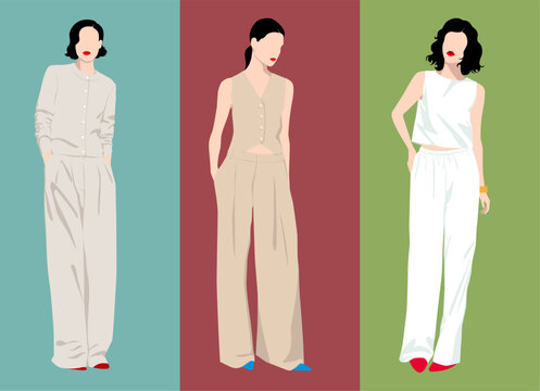 1598_Three young women wearing fashionable wide-leg pants