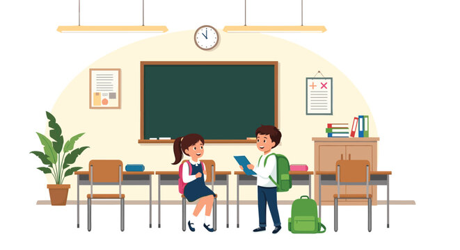 Two young students talk in a bright school classroom with desks, a blackboard, green plants, and a clock on the wall during the day.