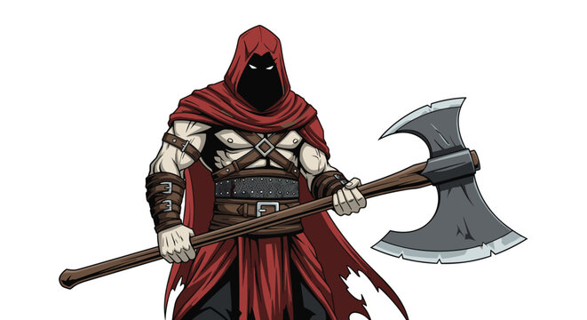 Powerful warrior character wearing a dark red hood and cape holds a large double headed battle axe in a fantasy game illustration.
