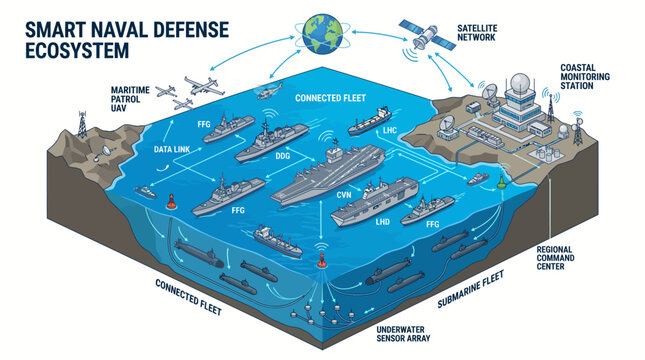 Isometric smart naval defense ecosystem infographic with connected fleet aircraft carrier military ship submarine fleet satellite network and coastal radar vector illustration