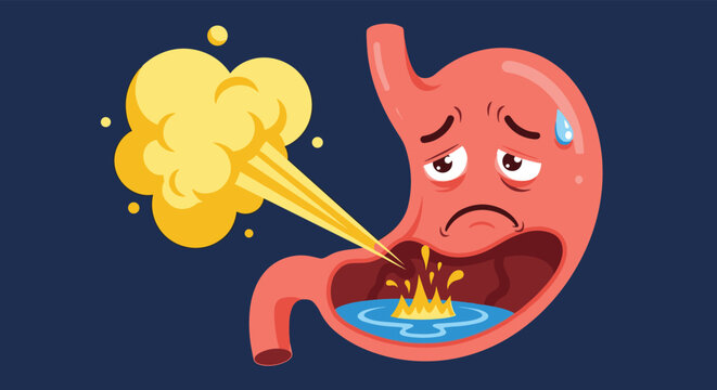 Personified stomach character experiencing heartburn and acid reflux, with yellow smoke and orange flames representing digestive pain.