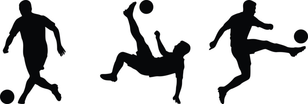 Soccer players silhouettes dribbling bicycle kick and kicking action