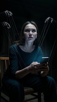 A young woman controlled by strings like a puppet while using her smartphone in the dark.
