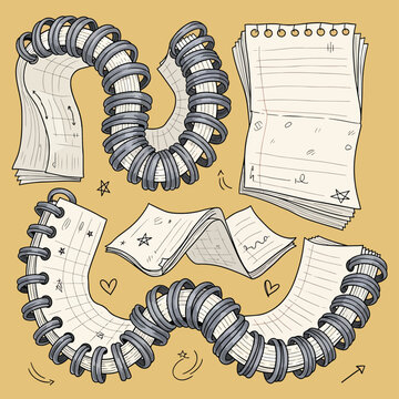 Spiral notebooks and paper sheets scattered.