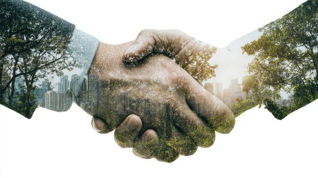 Two hands clasped in a handshake, superimposed with lush greenery and city buildings