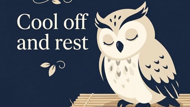 Cute cartoon owl resting peacefully with closed eyes, promoting relaxation and cooling off.