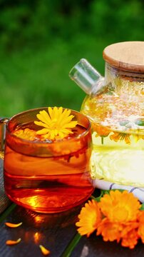 Calendula herbal detox tea in glass cup and teapot