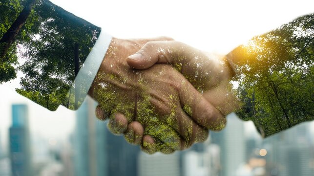 A double exposure of two hands shaking over a city skyline with trees