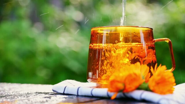 Calendula herbal detox tea poured in glass mug outdoors