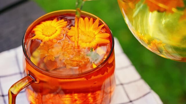 Calendula herbal fasting tea poured into glass mug