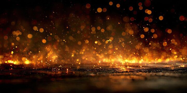Embers float and glow with a fiery light reflecting on wet, dark ground