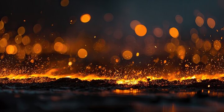 Embers dance and glow against a dark, smoky background with blurred orange lights