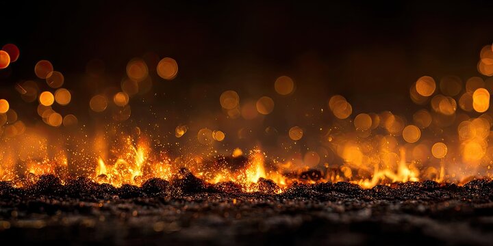 Close up of glowing embers and flickering flames against a dark, bokeh background