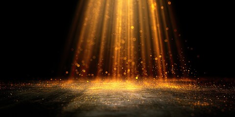 Fototapeta premium Golden light beams illuminate dust particles on a dark, textured surface