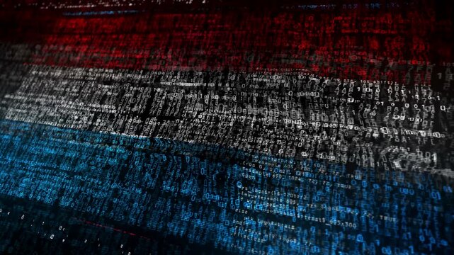 Luxemburgish flag waving secure code. Lux blowing banner cyber security attack and hack concept animation.