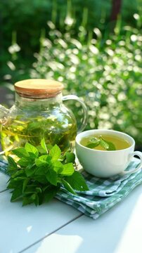 Freshly brewed mint tea with organic leaves