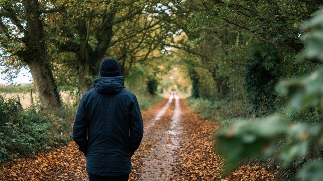 Person walks down a muddy, leaf-strewn country lane lined with trees