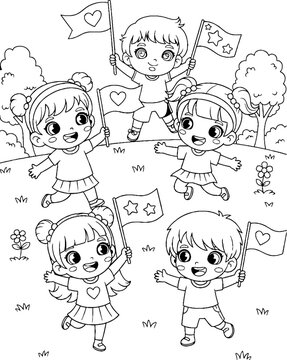 Happy cartoon children waving colorful heart flags outdoors.