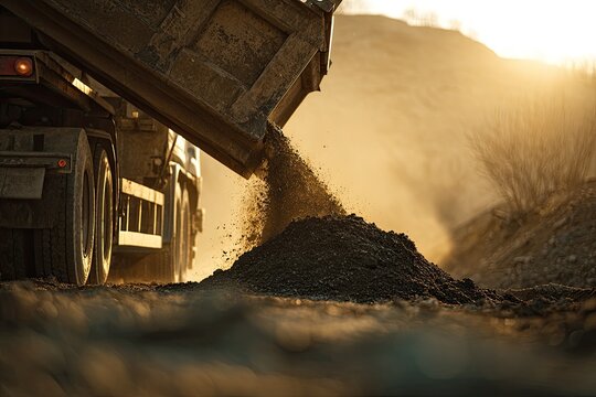 Dump truck unloads dirt at a construction site during sunset