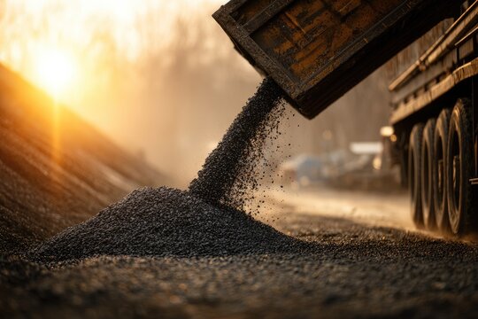 Construction vehicle dumping gravel onto a pile at sunset
