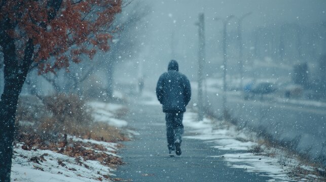 A person walks alone down a sidewalk on a snowy day, wearing a hooded jacket