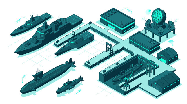 Futuristic isometric naval base and military shipyard vector set with stealth warships submarines dry dock repair facility and advanced radar station icons