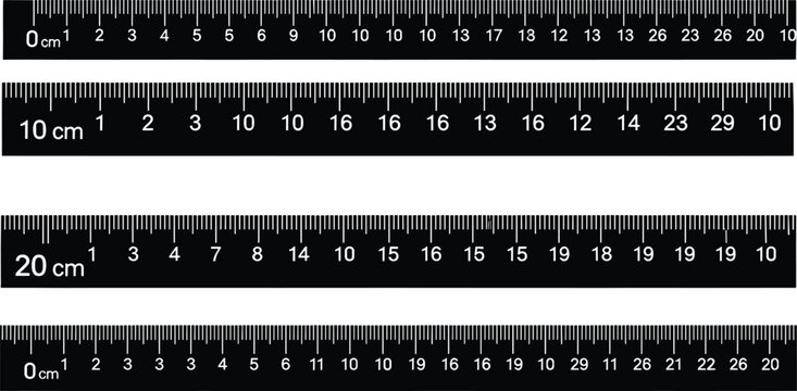 Black ruler scale icons, metric measurement tools, centimeter indicator signs, technical drawing equipment, precision length marks, professional mathematical stationery.