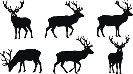 Black silhouette red deer stag collection, wild buck elk with antlers in different poses, forest animal hunting trophy, isolated nature. © MstSumi