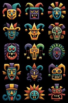 Vector icon set celebrating April Fools Day with jester hats, smiley faces, and pranks