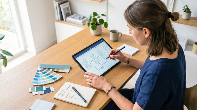 Creative female designer drawing digital user flow application wireframes on a tablet with a stylus in a bright Scandinavian home office, surrounded by color swatches and planning notes