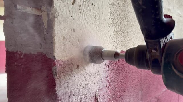 Power drill and hole saw cutting concrete wall at site