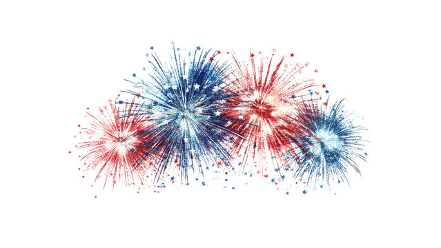 Fireworks display in red and blue colors explodes against a bright white background to celebrate national holidays.