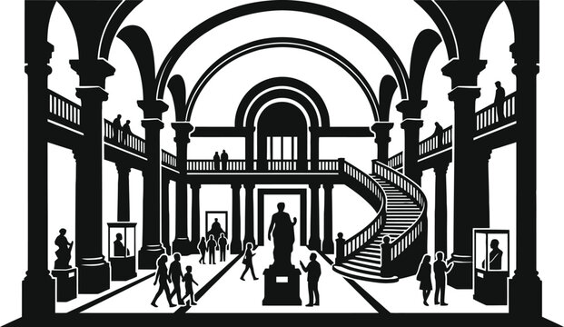 Black silhouette illustration depicting an architectural interior with a grand staircase columns and small figures