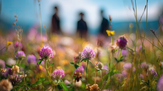 Soft focus on meadow flowers with blurred figures in the distance