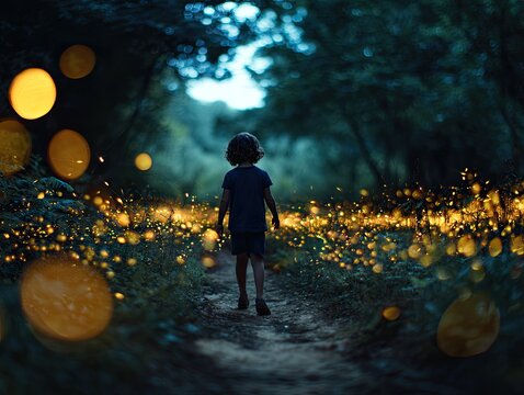 A young child walks down a dirt path through a forest at dusk