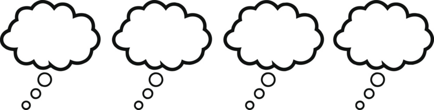 Blank thought bubble outlines, comic speech cloud icons, dreaming message frames, creative thinking bubbles, isolated dialogue clouds for sketches, conceptual brainstorming graphics.