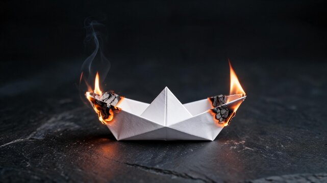Burning Paper Origami Boat Edges on Fire Center Still White &mdash; Fragility Loss Concept