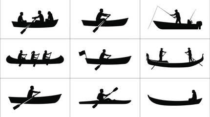 Boating silhouettes, people rowing and paddling in watercraft, lake transportation icons, nautical recreation activities, gondola and canoe shapes, marine leisure graphics. © MstSumi