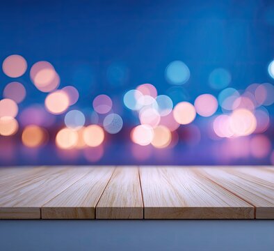 Light-filled abstract background with a wooden surface