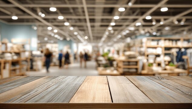 Soft focus interior of a retail store with merchandise displays and shoppers