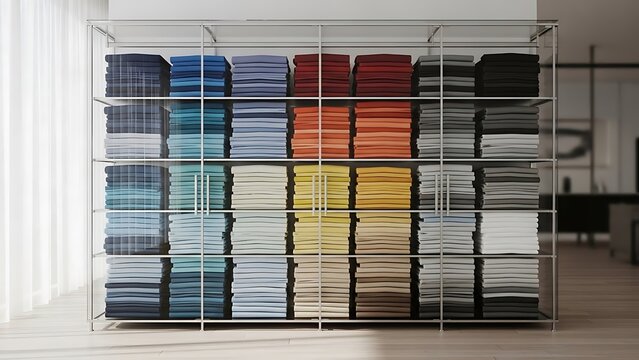 "Neatly folded colorful fabrics and textiles arranged in a modern metal display rack, rainbow gradient"