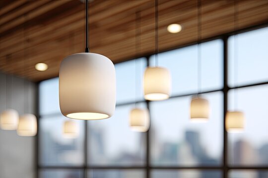 Modern interior with hanging pendant lights and city view