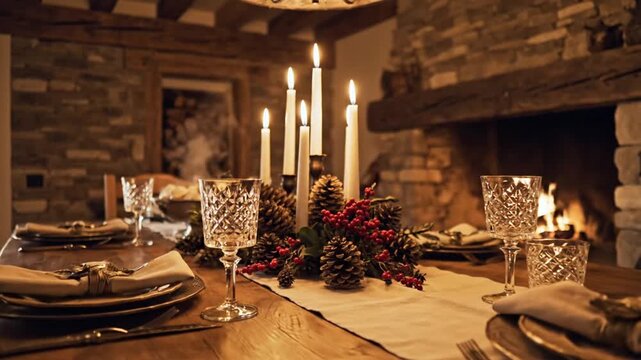 Rustic indoor dining table set with candles and fireplace ambiance