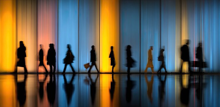 Silhouetted figures walk in front of colorful, blurred vertical lights