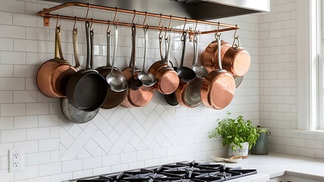 Modern kitchen with hanging copper pots and pans on rack, white tiles, stainless steel stove, bright and clean"