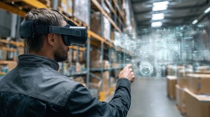 Fototapeta premium Man wearing vr headset in warehouse
